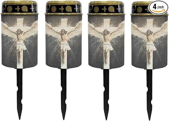 Poceacles 4 Pack Cross Solar Lights Solar Cemetery Lights Solar Grave Lights Outdoor Waterproof Decoration Pathway Lights Garden Solar Candle for Memorial Day Decor, God Wing Cross Vintage