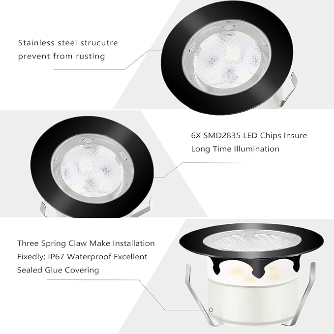 Low Voltage LED Deck Lighting Kit Stainless Steel 1W Waterproof Outdoor Yard Garden Decoration Lamps Landscape Pathway Patio Step Stairs LED In-ground Lights Black Border(30pcs,Blue)