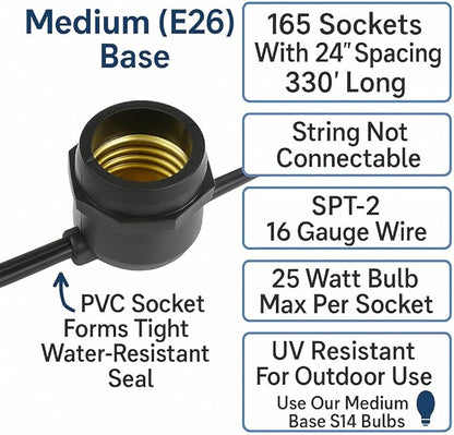 Novelty Lights 330 Feet Heavy Duty Light String with 165 in-Line E26 Sockets, Black Wire PVC Commercial Grade Stringer, 24" Spacing, Non-Terminated Ends, No Bulbs