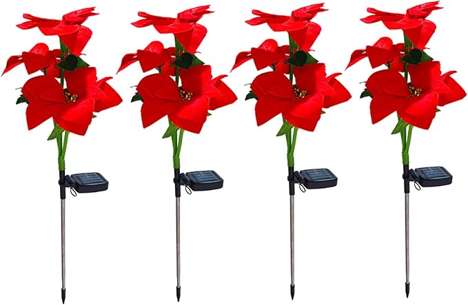 4PCS Solar Flower Lights Waterproof Solar Poinsettias Artificial Christmas Flowers Light with Stake for Pathway Yard Garden Patio Lawn Outdoor