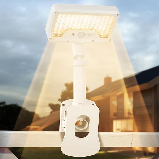 Clip On Solar Lights Outdoor with Motion Sensor, 360°Rotatable & Vertically Adjustable Solar Fence Lights with 92 LEDs (600 LM, 3000 K),IP65 Waterproof Security Light for Deck, Gutter（White, 1 Pack）