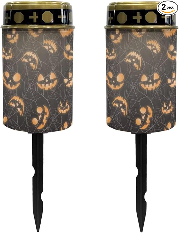 Poceacles Solar Cemetery Lights for Grave - Candle Lantern Walkway Lighting - Waterproof Landscape Light for Halloween Decorations, Pumpkin Spider Web Print, Pack of 2
