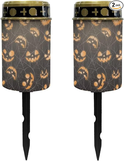 Poceacles Solar Cemetery Lights for Grave - Candle Lantern Walkway Lighting - Waterproof Landscape Light for Halloween Decorations, Pumpkin Spider Web Print, Pack of 2