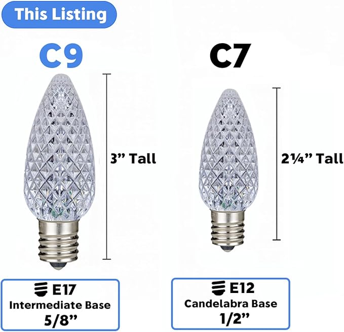 Novelty Lights 10CT (250 Bulbs) 25 Pack C9 LED Bulbs, Dimmable Faceted Outdoor LED Christmas Lights Replacement | Lumora