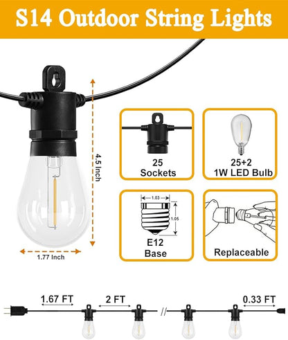 Outdoor String Lights, 50FT Patio String Lights with 27 S14 Vintage Waterproof & Shatterproof LED Bulbs, 2700K Hanging String Lights for Outside Backyard Cafe Garden Bistro Porch