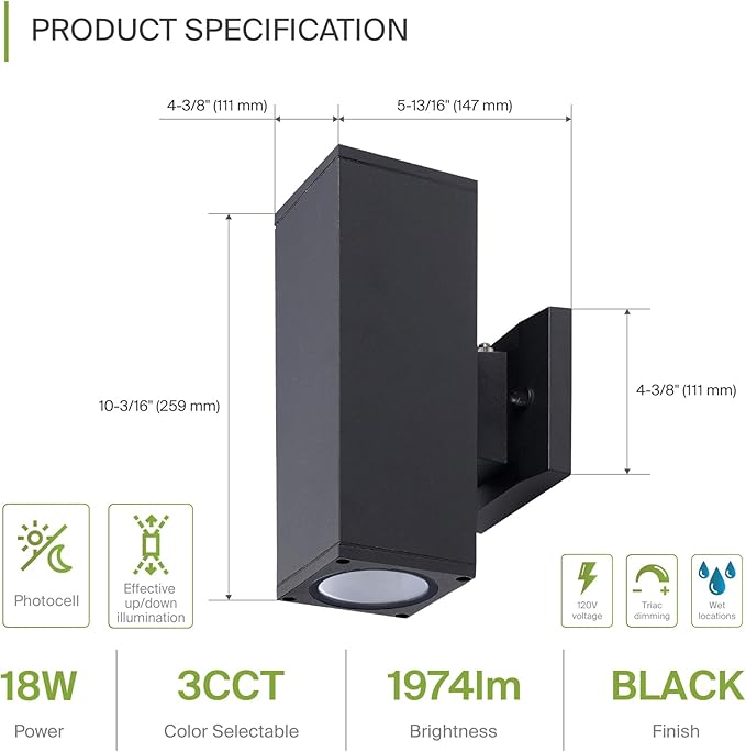ASD 2 Light Square Dusk to Dawn LED Outdoor Wall Light Fixture | 18W 1900LM 3000K-5000K 120V Cylinder Up Down Lights | Exterior Wall Sconce | Front Door, Porch, Patio | Black, ETL 6 Pack