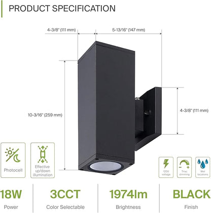 ASD 2 Light Square Dusk to Dawn LED Outdoor Wall Light Fixture | 18W 1900LM 3000K-5000K 120V Cylinder Up Down Lights | Exterior Wall Sconce | Front Door, Porch, Patio | Black, ETL 6 Pack