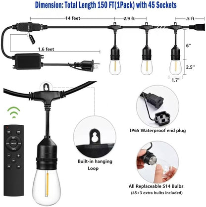 150FT String Lights for Outside Remote Controlled Waterproof with 48pcs Replaceable S14 Warm Bulbs for Patio, Gazebo, Pergola, Backyard Bistro Lights, 2200K, Linkable, 1-Pack