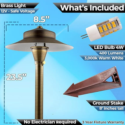 LED Low Voltage Pathway Lights 120- Solid Brass Outdoor Landscape Lights for Garden Pathway & Driveway Outdoor Lighting, 12V Landscape Lighting with Ground Stake & G4 LED Bulb (1 Pack Wide Top 8-1/2")