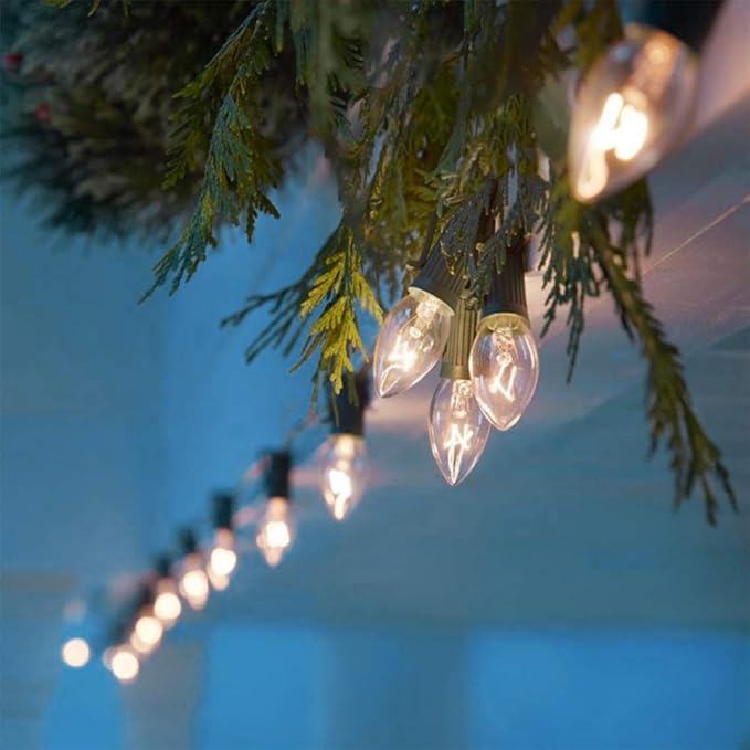 C7 Christmas Lights Outdoor, 25Ft C7 Warm White Christmas Decorations String Lights with 27 Clear Incandescent Bulbs, Vintage Christmas Lights for Roofline House Garden Patio Xmas Tree Party, Green