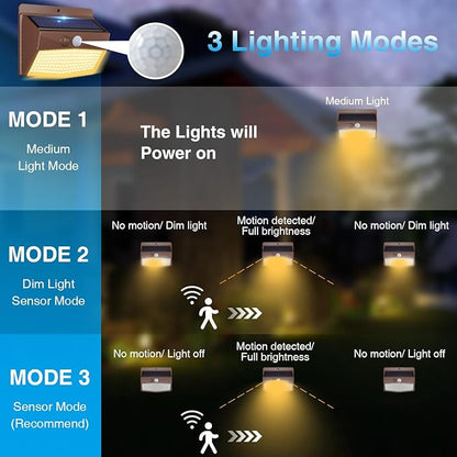 Peasur Solar Outdoor Lights, [8 Packs] Motion Sensor Security Lights with 3 Lighting Modes Wall Lights Waterproof Solar Powered Lights for Garden Yard,Brown White