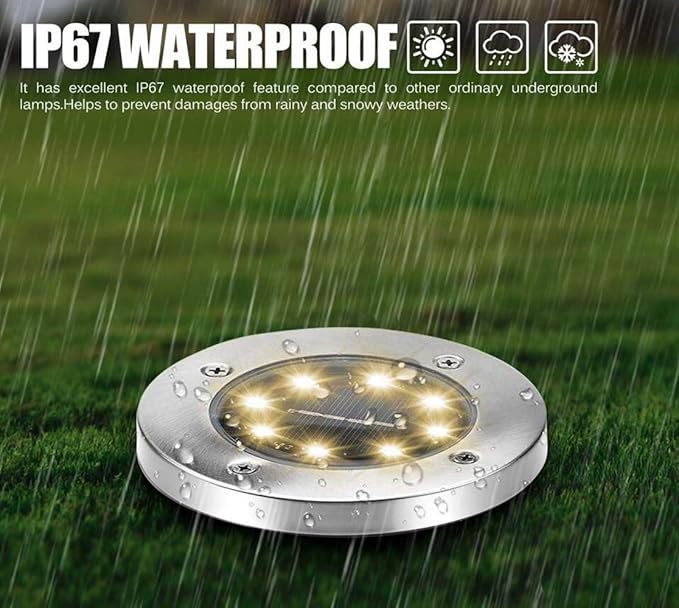 Solar Ground Lights 8 LED Disk Light Solar Powered Ground Lights Outdoor Garden Pathway Lights for Outdoor Solar Landscape Path Yard Driveway Pathway Walkway, 6 Pack,Warm White,Siliver Finish