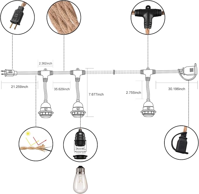 EE Eleven Master 48 FT Hemp Rope Outdoor String Lights Waterproof Patio Lights with 15 Shatterproof Heavy-Duty Commercial Grade Connectable Weatherproof E26 S14