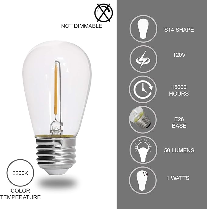 DYSMIO S14 LED String Light Bulbs, E26 E27 Medium Screw Base Edison Bulbs Equivalent to 11W, Fits for Commercial Outdoor Patio Garden Vintage Lights, 24-Pack, Soft White - Clear