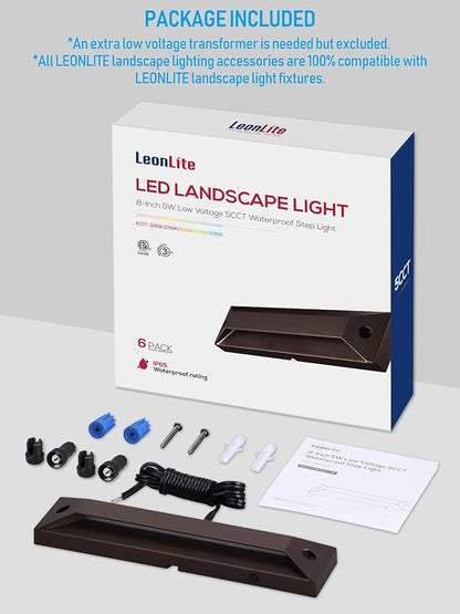 LEONLITE 8 Inch 5CCT LED Low Voltage Step Lights, 12-24V AC/DC Surface Mount Large Rectangular Deck Lights, IP65 Aluminum Outdoor Lighting for Landscape, Yard, Stairway, Oil Rubbed Bronze, Pack of 6