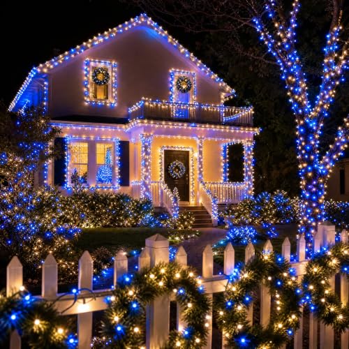TW SHINE Christmas Mini String Lights, 20FT 100 Count Incandescent Mini Christmas Tree Lights, Waterproof Xmas String Lights for Outdoor Indoor Home Party Yard Decorations, Warm White and Blue