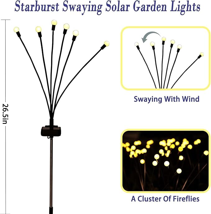Skeemi Solar Garden Lights – LED Firefly Outdoor Solar Lights, IP65 Waterproof, Swaying “Fireflies” Pathway Lights for Patio Ideal Gift for Women & Grandma (Pack of 6, 48, Heads)