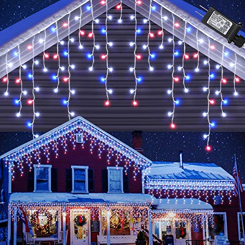 Toodour Red White Blue Christmas Icicle Lights, 29.5ft 360 LED Icicle Lights, 8 Modes, 60 Drops, Window Curtain Led Christmas Light, Icicle Twinkle Light for Eaves, Party, Wedding, Xmas Decorations