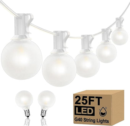 25FT G40 LED Frosted Outdoor String Lights, Globe String Lights with 27 Edison Shatterproof Bulbs(2 Spare), Decorative Lights for Bedroom Bistro Café Wedding, Warm White, White Wire