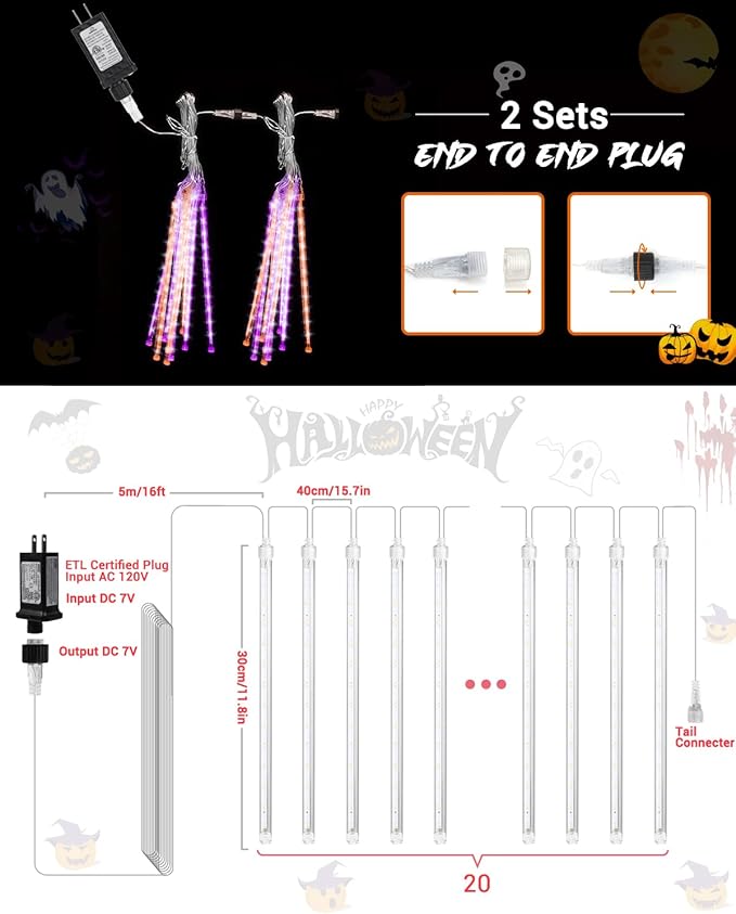 Flacchi Halloween Lights Outdoor 20 Tubes 480 LED Raindrop Meteor Shower Icicle Lights with Timer Function | Lumora
