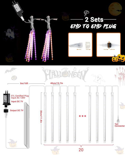 Flacchi Halloween Lights Outdoor 20 Tubes 480 LED Raindrop Meteor Shower Icicle Lights with Timer Function Cascading Light Falling Rain Light for Halloween Orange Purple