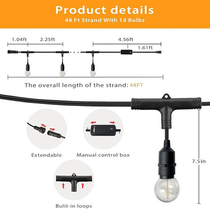 Homevenus Outdoor String Lights Waterproof G50 Smart Globe 48ft-18bulbs Dimmable Warm White App Control 2.4GHZ WiFi Alexa Google Patio Cafe Balcony Backyard Porch