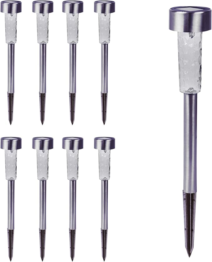 Crosslight Solar Powered Pathway Lights (8 Pack) - Outdoor Stainless Steel White LED Lights, Waterproof for Garden, Yard, Patio, Lawn, Walkway - Decorative Ground Stake Lighting | Silver