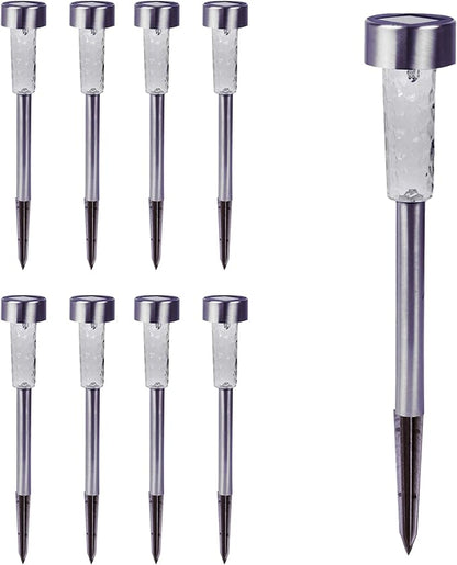 Crosslight Solar Powered Pathway Lights (8 Pack) - Outdoor Stainless Steel White LED Lights, Waterproof for Garden, Yard, Patio, Lawn, Walkway - Decorative Ground Stake Lighting | Silver