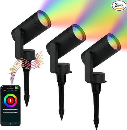 Smart Landscape Lighting, 3 Pack RGBW Color Changing LED with App Control Waterproof Spotlight, Outdoor Yard Spot Lights with 36W Transformer & Timer, LED Lawn Light with Music Sync