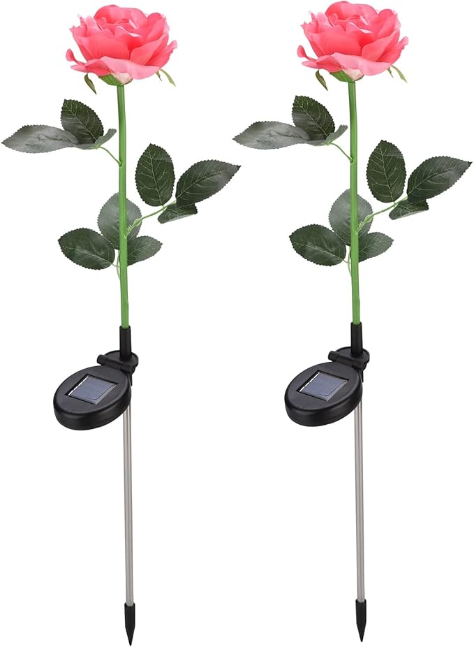 2Pcs Solar Flowers Lights Outdoor Waterproof Single Head Rose Flowers Stake Light Garden Landscape Lighting for Outdoor Yard Lawn Path Balcony Party Decoration