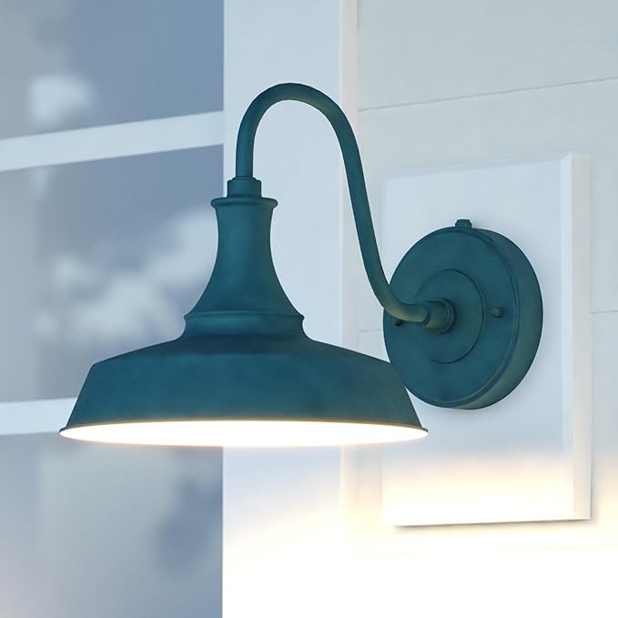 VAXCEL Dorado 9 in. H 1-Light Hunter Green and White Dusk to Dawn Sensor Farmhouse Outdoor Wall Sconce, Gooseneck Steel Shade, Dark Sky Compliant for Exterior Porch Patio Front Door or Garage