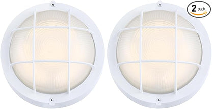 GRUENLICH 8'' Round LED Bulkhead Light Fixture, Outdoor Wall Lights Dimmable, Sauna & Exterior Lighting, ETL Rated, 15W 1500 Lumen, 3000K Warm White, White Cast Aluminum, Wall/Ceiling Mount, 2 Pack