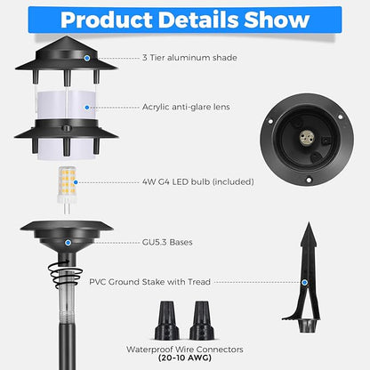 Gardencoin Pagoda Low Voltage Landscape Pathway Lights, 12V Outdoor LED Path Lights Wired, Aluminum Walkway Lighting with 4W 2700K Replaceable G4 Bulb, Classic 3-Tier Lantern, 12 Pack