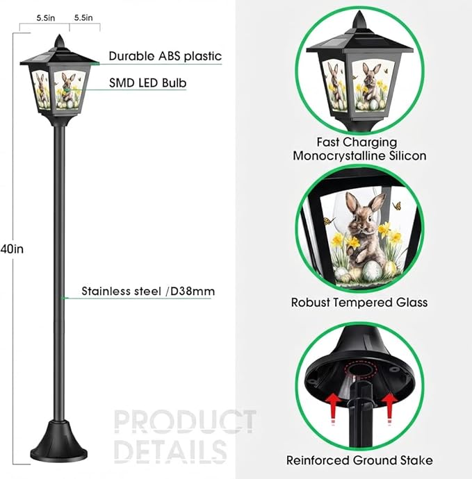 1 Pack 40" Solar Lamp Post Light with Removable Easter Bunny Design Panel, Waterproof LED Pathway Light Cool White | Lumora
