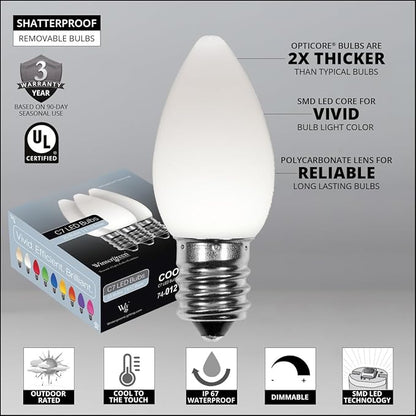 Wintergreen Lighting Opticore LED Opaque Commercial C7 Cool White Christmas Lights Vintage Style, Outside Christmas Lights LED, Green Wire (50 Lights, 50 ft)