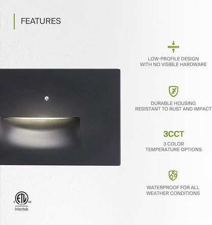 ASD LED Recessed Step Light Fixture, Dusk to Dawn Outdoor Stair Tread Lighting | 3CCT, Photocell, Waterproof, ETL Listed | 3W 120LM 3000K-5000K 120V | Staircase Hardwired Illumination | Black