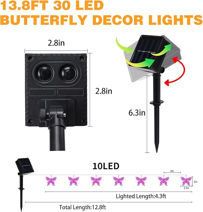 Vigdur 2 Pack Solar Butterfly String Lights Outdoor, 10 LED 2-Color (Purple & Pink) Butterfly Fairy Lights, IP44 Waterproof for Windows, Fences, Patios, Christmas, Weddings & Party Decor (Warm White)