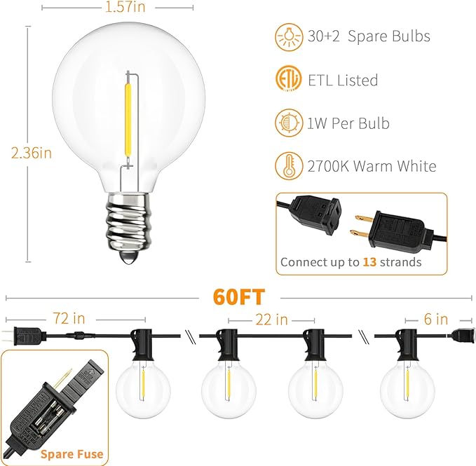 Svater Outdoor String Lights LED 60 FT, Patio Globe Lights with 32 Plastic G40 Bulbs, Waterproof Dimmable Outside Hanging Light for Backyard Bistro Cafe Porch Party Decor, 2700K Warm White