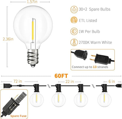 Svater Outdoor String Lights LED 60 FT, Patio Globe Lights with 32 Plastic G40 Bulbs, Waterproof Dimmable Outside Hanging Light for Backyard Bistro Cafe Porch Party Decor, 2700K Warm White