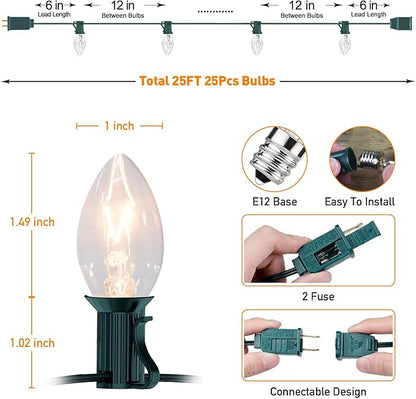 C7 Outdoor Christmas Lights, 25FT Warm White Vintage String Lights with 27 Clear Bulbs for Patio, Garden, Eaves, Waterproof Connectable, Classic Incandescent Glow