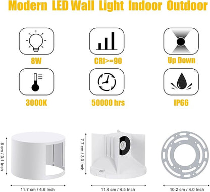 Kawell 8W Modern LED Wall Sconce Light Up Down Waterproof Outdoor Wall Lamp Indoor Hardwired for Bedroom Bathroom Hallway Stairs Porch, White 3000K