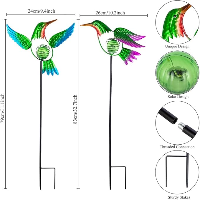 Hummingbird Solar Garden Stakes Lights 2 Pack,Solar Hummingbird Bird Figurine Outdoor Lights for Spring Garden Pathway Lawn Yard Decoration