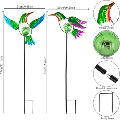 Hummingbird Solar Garden Stakes Lights 2 Pack,Solar Hummingbird Bird Figurine Outdoor Lights for Spring Garden Pathway Lawn Yard Decoration