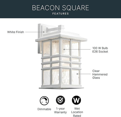 Kichler Beacon Square 14.25" Outdoor Wall Light in White, 1-Light Exterior Wall Sconce with with Clear Hammered Glass, (14.25" H x 8" W), 49830WH
