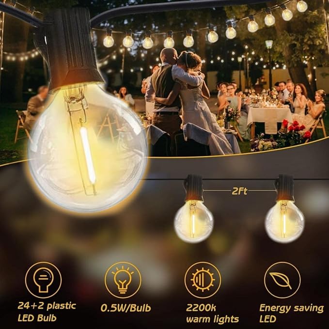 96FT(48×2) 2-Pack LED Outdoor String Lights with 24+2 Plastic Shatterproof Bulbs, Outdoor Waterproof, Festoon | Lumora