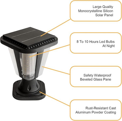 Kendal Metal Solar Post Lights Outdoor, Waterproof Decorative Solar Pillar Light, Safety Waterproof Beveled PS Panes, Warm White, Black