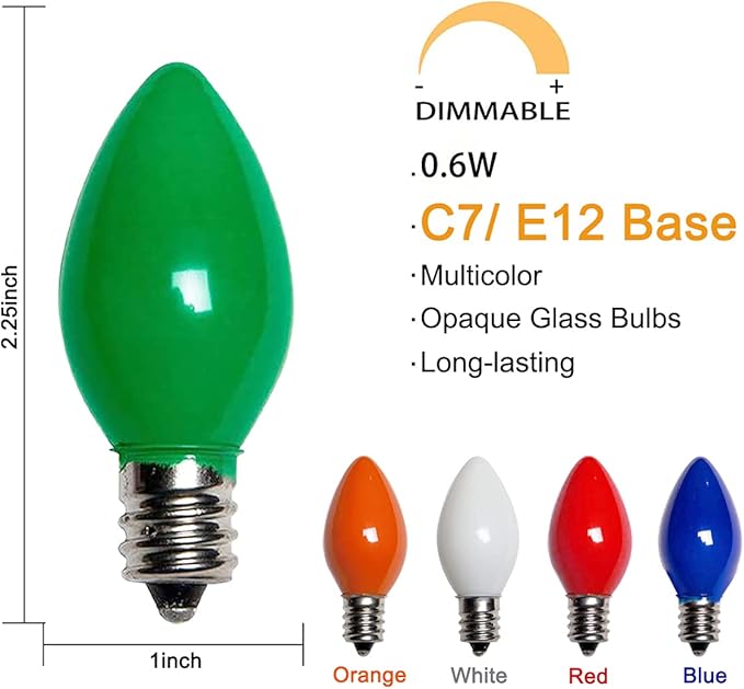 C7 LED Christmas Lights Multicolor, 25Ft Outdoor Vintage Christmas Lights with 27 0.6W Ceramic Multicolor LED Bulb (2 Spare), Halloween Indoor Outdoor Halloween Patio Backyard Party Decor