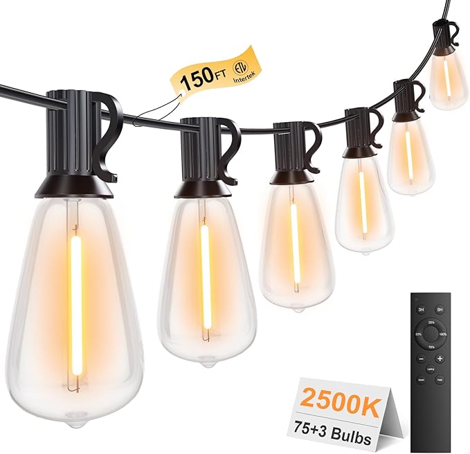 150FT Outdoor String Lights with Remote, Garden Patio Decor with 2500K Warm White, 75+3 LED Edison Bulbs, Support | Lumora