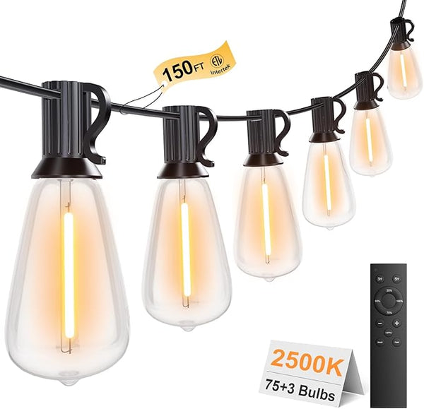 150FT Outdoor String Lights with Remote, Garden Patio Decor with 2500K Warm White, 75+3 LED Edison Bulbs, Support | Lumora