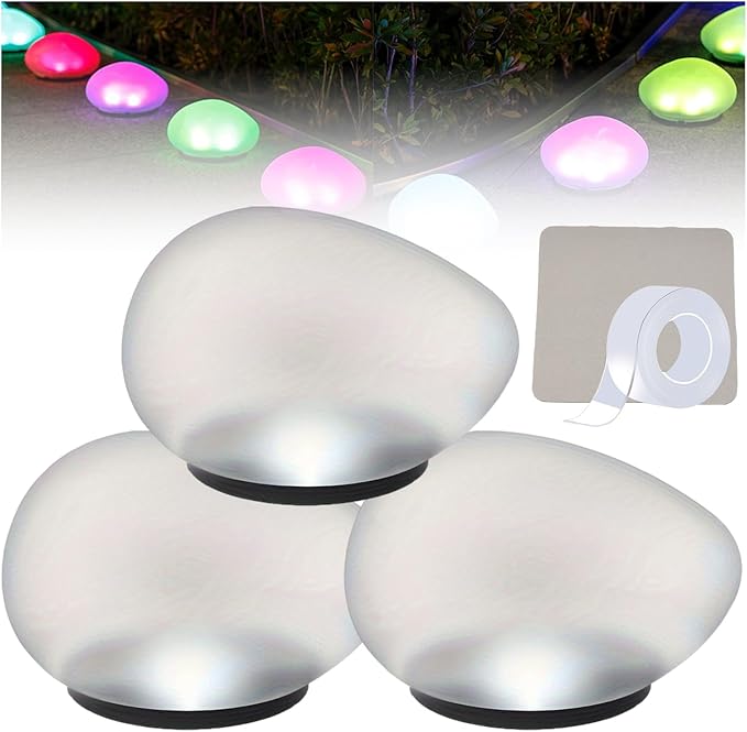 Solar Glass Garden Pebbles, Solar Rock Pathway LED Lights, Pebble Shape Rock Light Outdoor Waterproof Landscape Night Lights, for Garden Path, Stair, Lawn, Patio, Yard Party Decoration (RGB* 3)